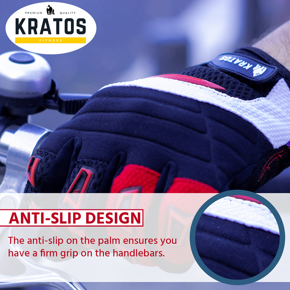 KRATOS - RED Mountain Bike Gloves for Men and Women | Mtb Gloves | Anti-Slip | Adjustable Wrist Starp | Stretchy & Breathable Material | Motorbike Full Finger Gloves | Different Variations Available - Kratoss.com