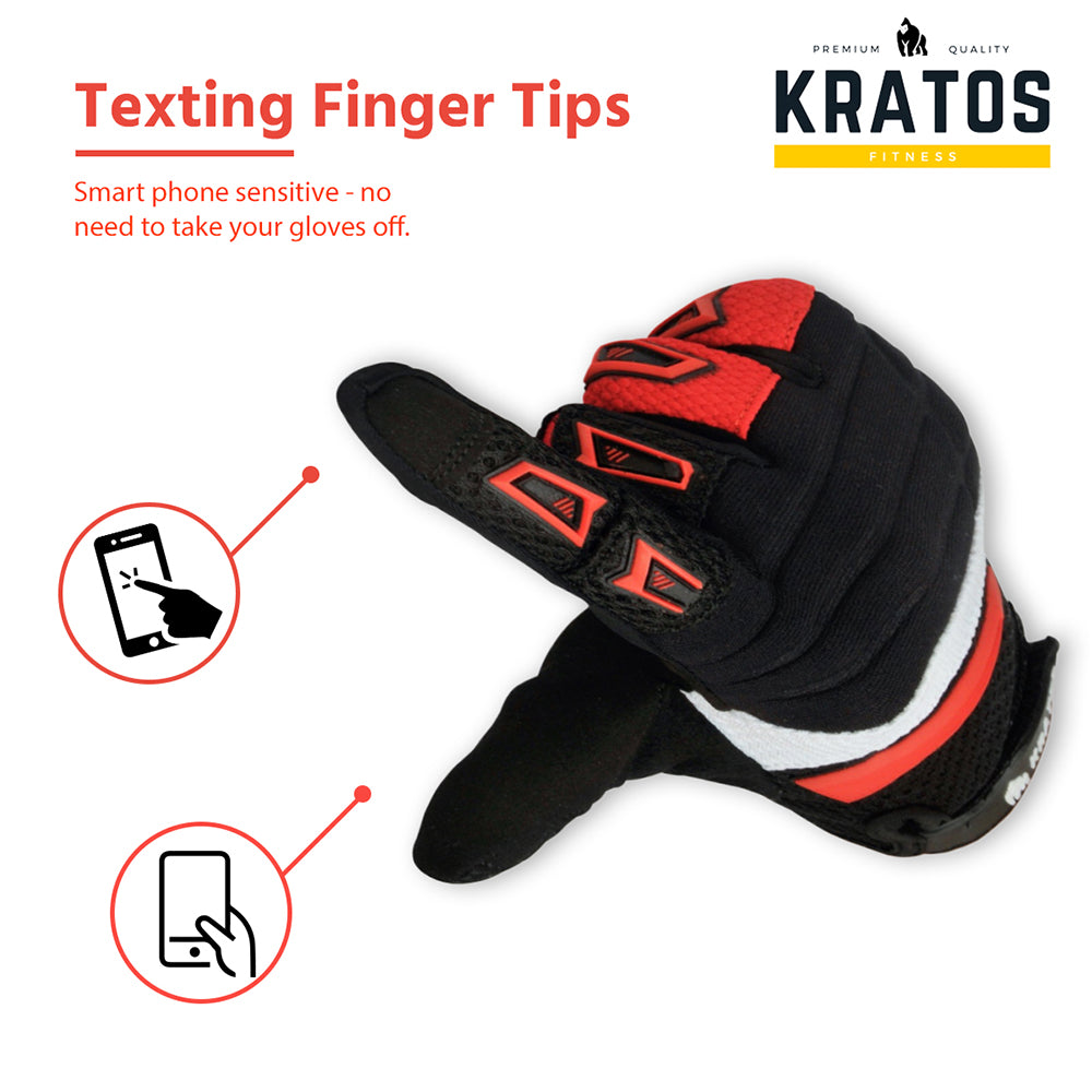 KRATOS - RED Mountain Bike Gloves for Men and Women | Mtb Gloves | Anti-Slip | Adjustable Wrist Starp | Stretchy & Breathable Material | Motorbike Full Finger Gloves | Different Variations Available - Kratoss.com
