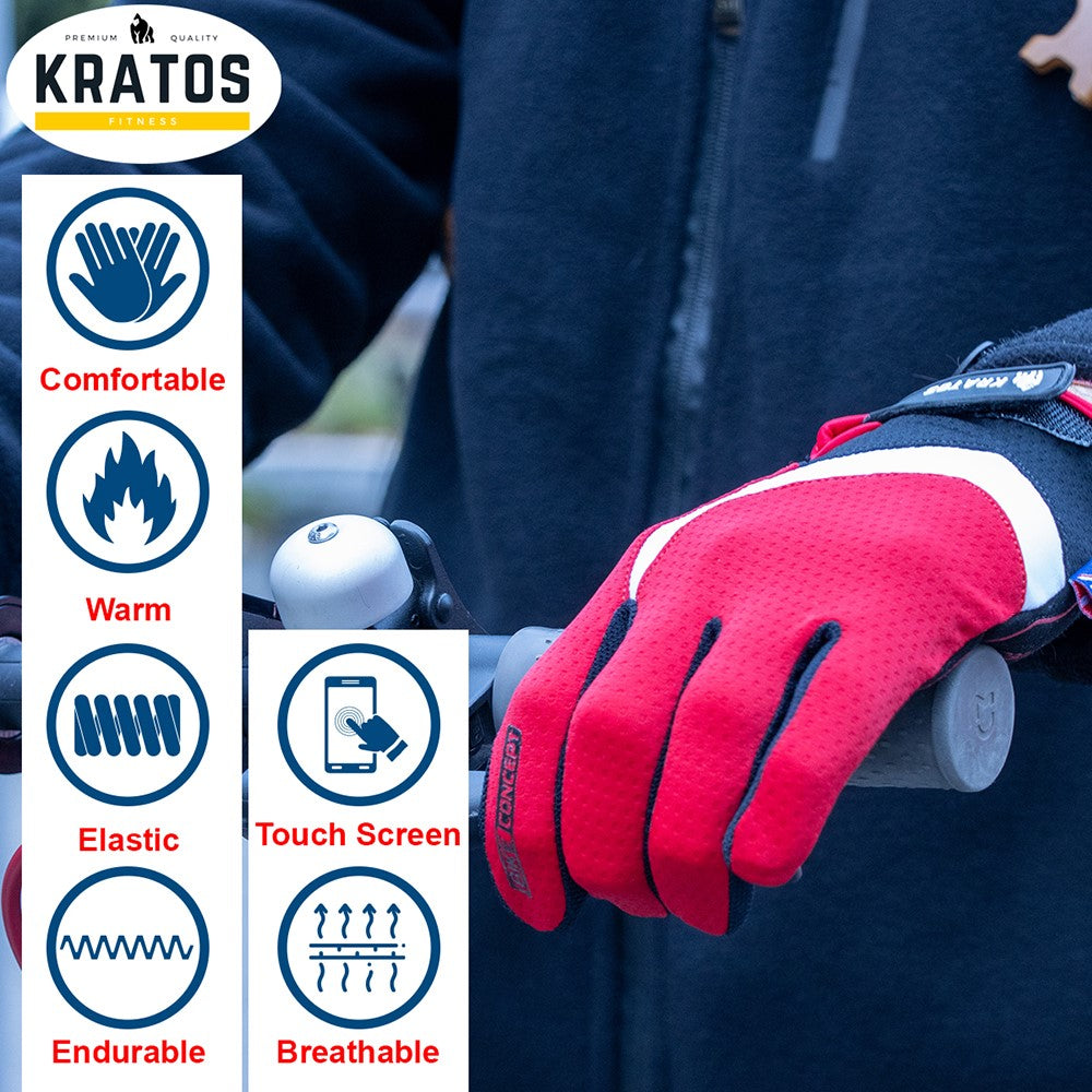 KRATOS Red Full Finger Gloves For Women & Men | Anti-Slip | Breathable | Touchscreen - Kratoss.com