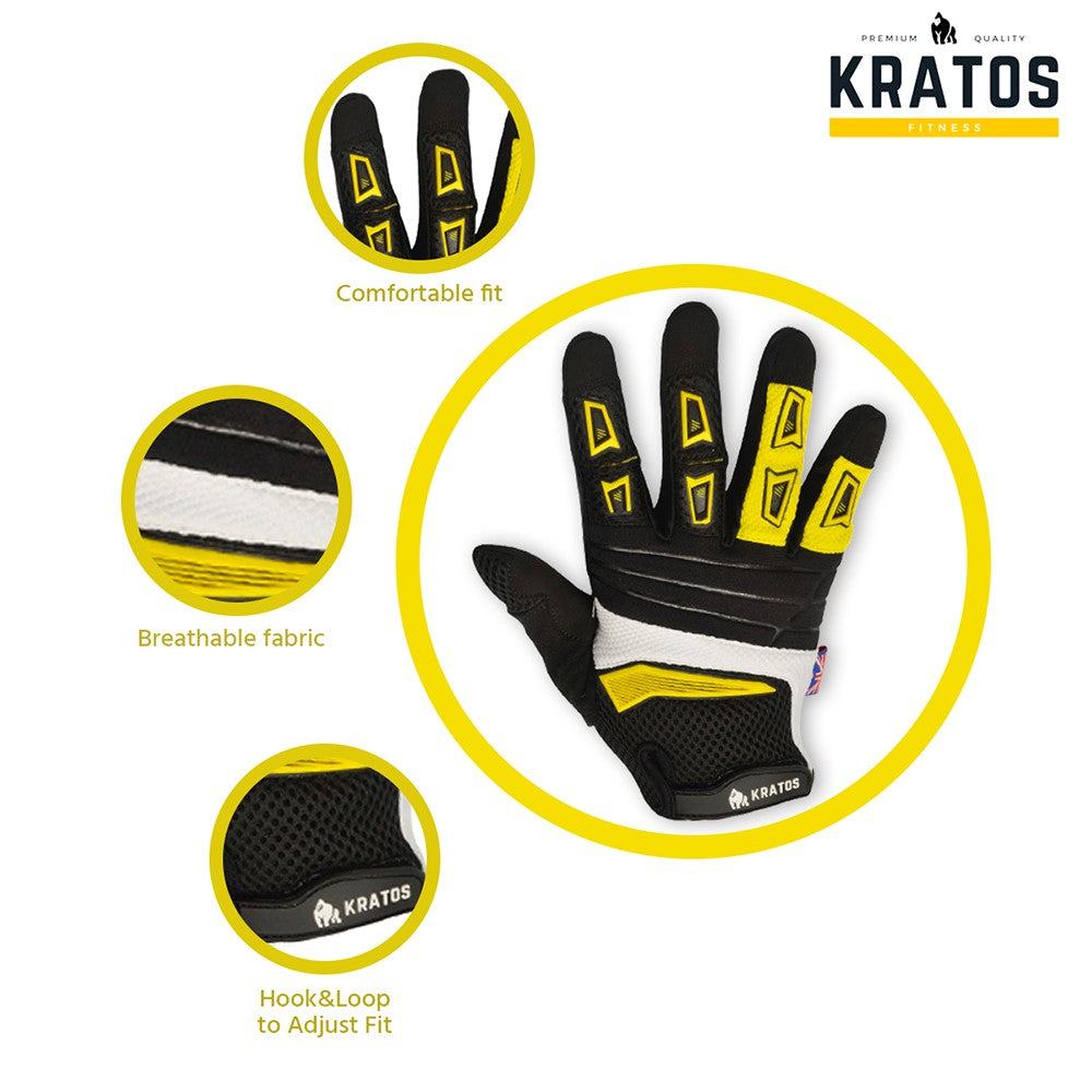 KRATOS - Yellow Mountain Bike Gloves for Men and Women | MTB Gloves | Anti-Slip | Adjustable Wrist Strap | Stretchy & Breathable Material | Motorbike Full Finger Gloves | Different Variations Available - Kratoss.com