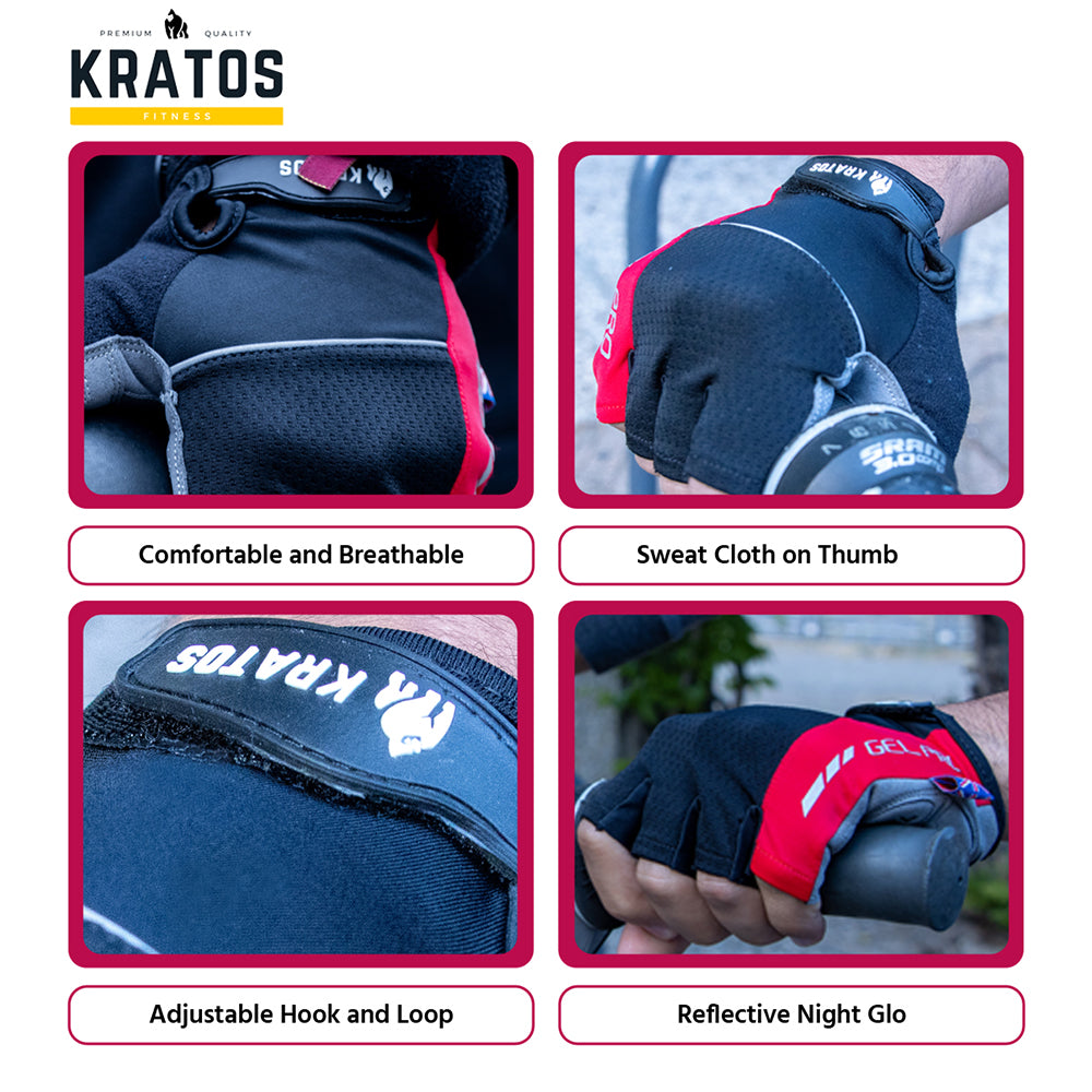 KRATOS - Cycling Half D-Palm Gloves For Women and Men | Anti-Slip & Waterproof | Breathable Material | Bicycle Riding Gloves | Comfortable and Adjustable Wrist Strap | Different Variations Available - Kratoss.com