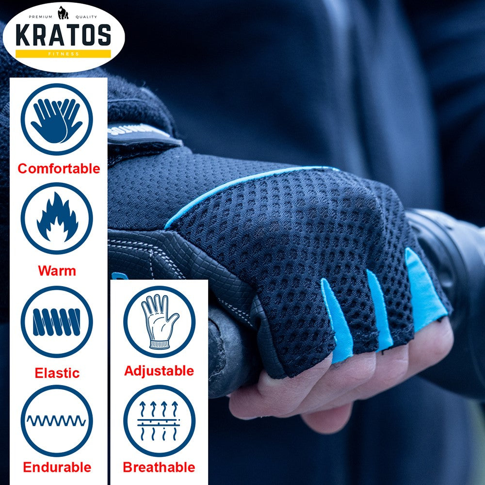 KRATOS - Blue Half Finger Workout / Cycling Gloves For Women & Men | Anti-Slip & Waterproof | Breathable Material | Half Finger Bicycle Riding Gloves | Adjustable Wrist Strap | Different Variations Available - Kratoss.com