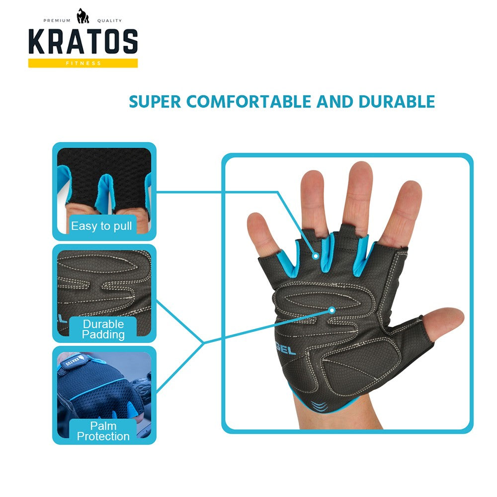 KRATOS - Blue Half Finger Workout / Cycling Gloves For Women & Men | Anti-Slip & Waterproof | Breathable Material | Half Finger Bicycle Riding Gloves | Adjustable Wrist Strap | Different Variations Available - Kratoss.com
