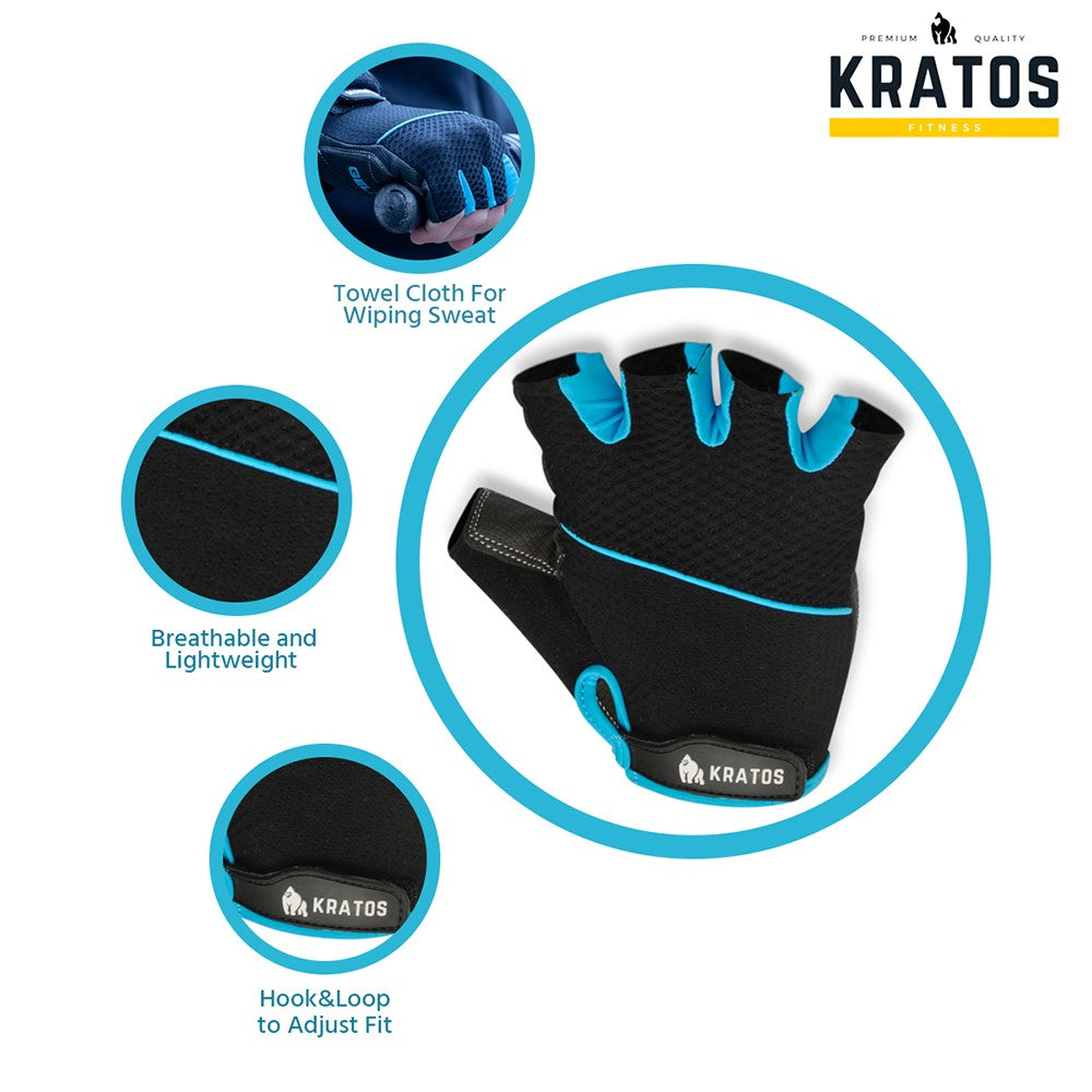 KRATOS - Blue Half Finger Workout / Cycling Gloves For Women & Men | Anti-Slip & Waterproof | Breathable Material | Half Finger Bicycle Riding Gloves | Adjustable Wrist Strap | Different Variations Available - Kratoss.com